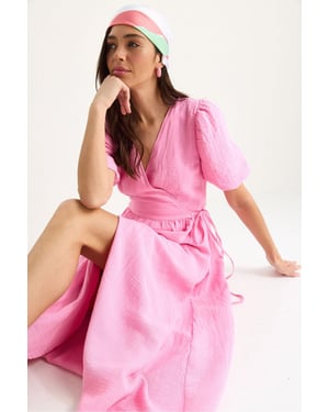 Strukturiertes V-Ausschnitt Midikleid mit Wickelverschluss