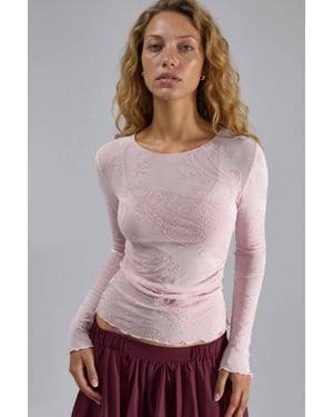 Figurbetonte Langarm-Bluse mit Flockdruck aus Tüll