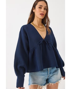 Strukturierte V-Ausschnitt-Crop-Bluse mit Schleifenband