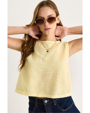 Leinenmischung Kurzarm Crew Neck Bluse