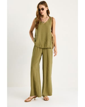 V-Ausschnitt Baumwollbluse-Hosen Zweiteiliges Set