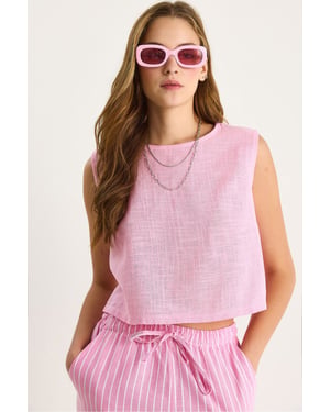 Leinenmischung Kurzarm Crew Neck Bluse