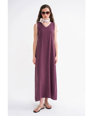 Mixray Ärmelloses Maxikleid mit V-Ausschnitt und Taschen - Bordeaux