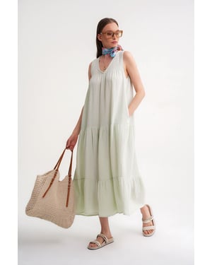 Ärmelloses V-Ausschnitt Musselin-Midikleid mit Taschen