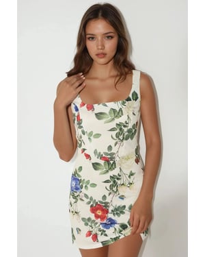 Bodycon Mini-Kleid mit Quadratkragen und Blumendruck