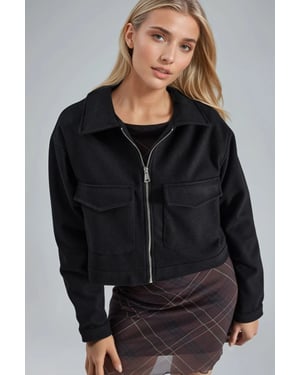 Crop-Gabardine-Jacke mit Reißverschluss und Tasche