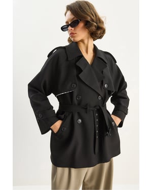 Baumwollmischung Midi-Trenchcoat mit Knopfverschluss