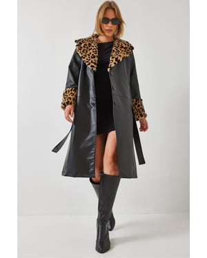 Faux-Leder-Leopardenmuster-Trenchcoat mit Schalkragen