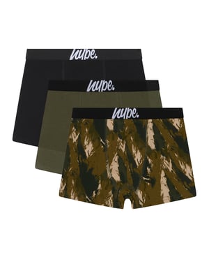 3er-Pack Jungen Boxershorts Schwarz, Oliv & Allover-Print Weiche Atmungsaktive Unterwäsche
