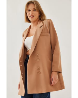 Doppelreihiger Langer Blazer mit Kunstlederdetails