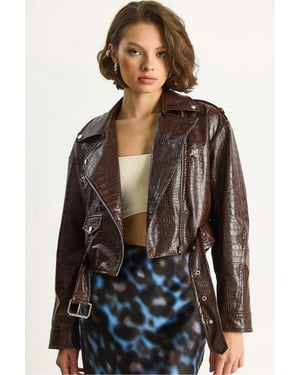 Kunstleder-Cropped-Pufferjacke