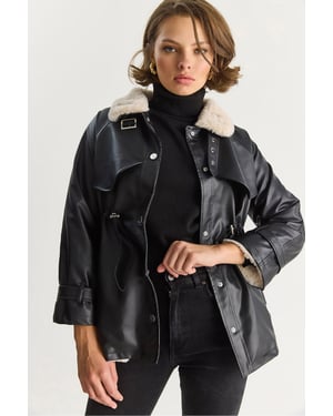 Faux-Lederjacke mit Kunstfell-Details