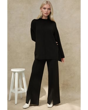 Langer Pullover & Hochtaillierte Weitbeinige Strick-Koordinations-Set