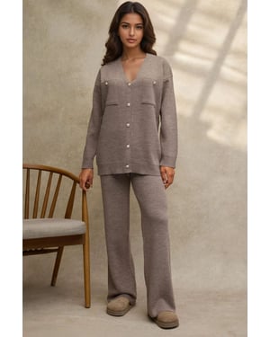 V-Ausschnitt Cardi und Hochbund Weite Hosen Strick-Set