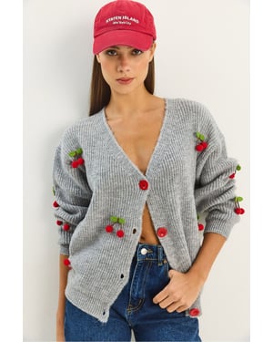 V-Ausschnitt Pullover-Cardigan mit Fruchtstickerei
