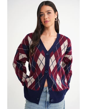 Oversize Argyle V-Ausschnitt Knopfkarteigan