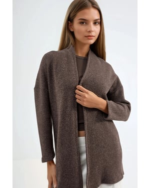 Langer gerippter Strickcardigan mit offenem Kragen
