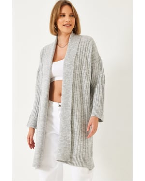 Strukturierter langer Rippenstrick-Cardigan mit Schalkragen