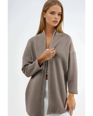 Langer gerippter Strickcardigan mit offenem Kragen