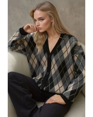 Langer V-Ausschnitt geometrischer Strick-Cardigan mit Knöpfen