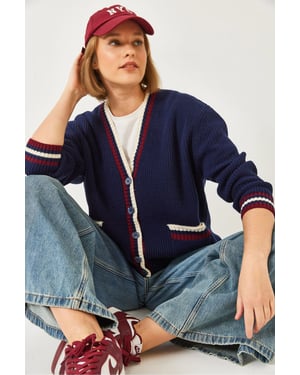 Gemusterter V-Ausschnitt Rippenstrick-Cardigan mit Taschen
