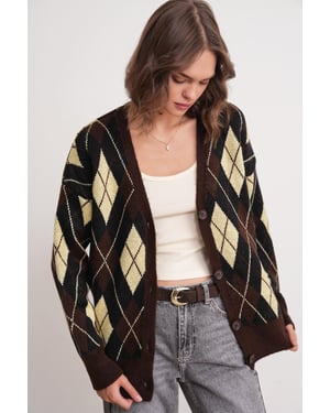 Oversize Argyle V-Ausschnitt Knopf-Cardigan