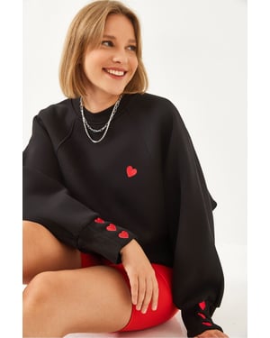 Bestickter Rundhalsausschnitt Langarm-Sweatshirt
