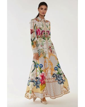 Bedrucktes Maxi-Kleid mit langen Ärmeln und Gürtel