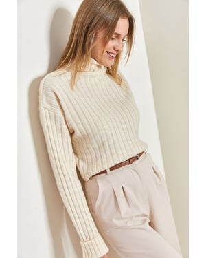 Rippstrick-Turtleneck-Crop-Pullover