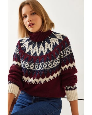 Rollkragen-Jacquard-Strickpullover