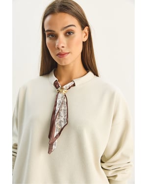 Bianco Lucci Sweatshirt mit Rundhalsausschnitt, Rippenstruktur und Schal-Accessoire - Beige
