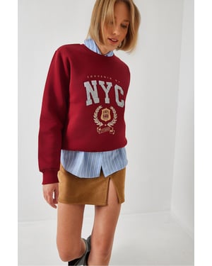 Bestickter Rundhalsausschnitt Baumwoll-Sweatshirt