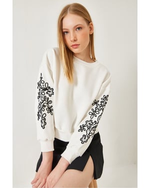 Bestickter Rundhalsausschnitt Langarm-Sweatshirt