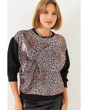 Leopardenmuster Pailletten Rundhals Sweatshirt