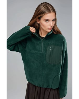 Reißverschluss-Kragen Plüsch-Strickpullover mit Tasche