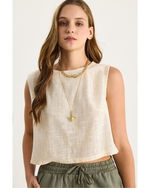 Leinen-Mischung Kurzarm Crew-Neck Bluse