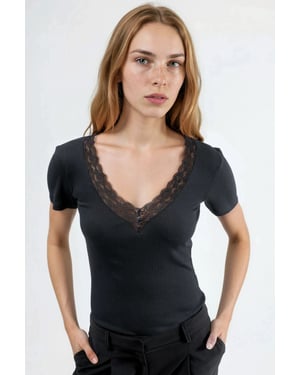 V-Ausschnitt Bluse mit Spitzeinsatz