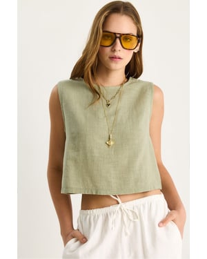 Leinenmischung Kurzarm-Crewneck-Bluse