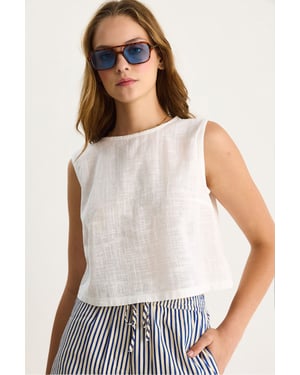 Leinenmischung Kurze Crew-Neck Bluse