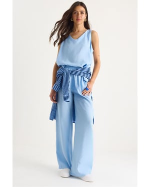 V-Ausschnitt Baumwollbluse-Hosen Zweiteiliges Set