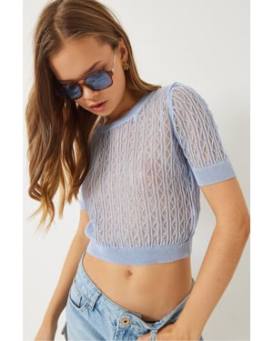 Spitze Texturiertes Crop Top mit Rundhalsausschnitt