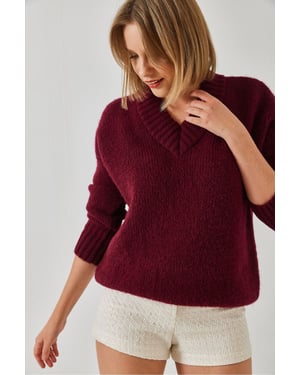 Lässiger V-Ausschnitt Rippstrickpullover