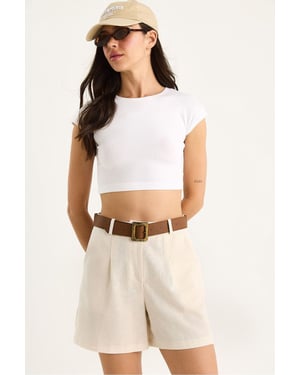 Leinenmix Relaxed Fit Weite Beinsch Shorts mit Taschen