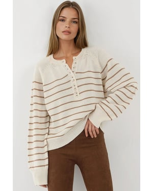 Knopf Detaillierter Gestreifter Lockerer Pullover
