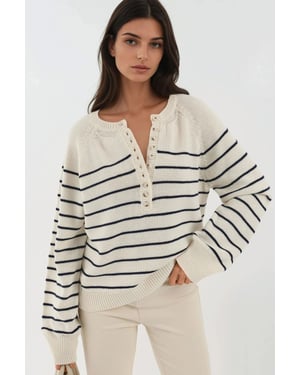 Knopf Detail Streifen Lockere Passform Pullover
