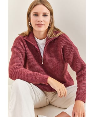 Übergroßer strukturiertes Strickpullover mit Reißverschluss-Kragen
