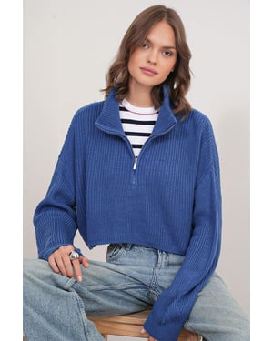 Strukturierter Pullover mit langem Arm und Reißverschlusskragen