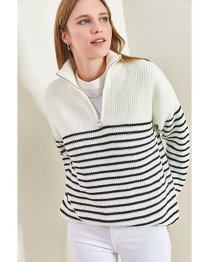Gestreifter Reißverschluss-Kragen Relaxed Fit Pullover