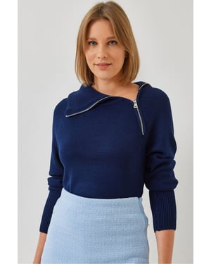 Fitted Acrylstrickpullover mit Reißverschlusskragen