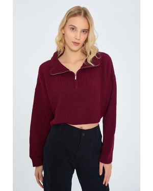 Strukturiertes Langarm-Pullover mit Reißverschlusskragen